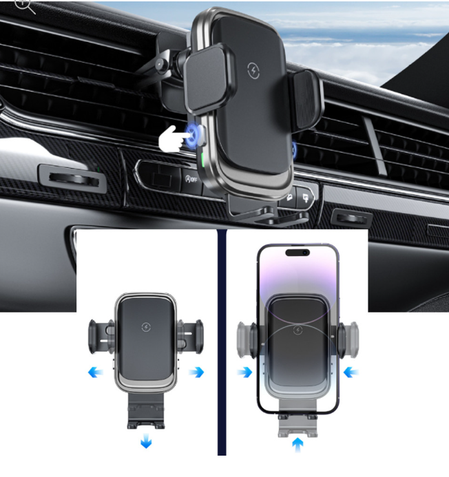 Suport auto cu incarcator wireless, Ideas4Comfort, fixare in grila de ventilatie sau ventuza de bord, cu touch sensor, universal Android si iOS, wireless charger incarcare maxim 15W [9]
