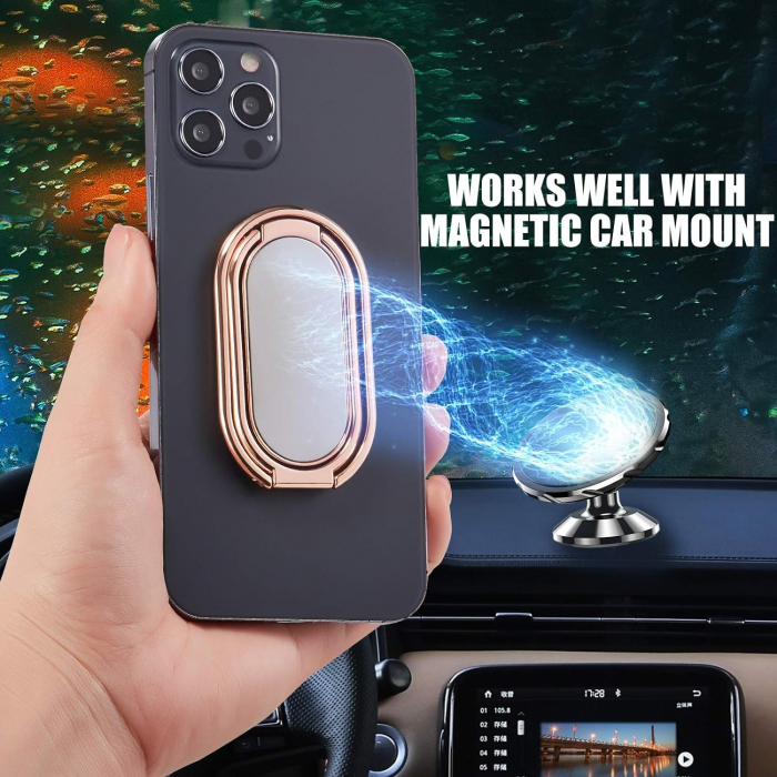 Inel pentru telefon cu suport magnetic, compact, cu functia stand de birou si agatatoare, adeziv 3M, rotativ 360⁰, universal, negru/argintiu/roz [6]