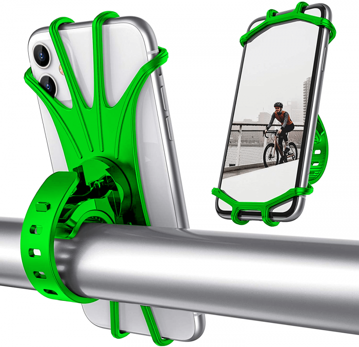 Suport telefon universal pentru bicicleta, din silicon, rotativ 360⁰, montaj pe ghidon, compatibil bicicleta, carut, trotineta, scuter, negru [9]