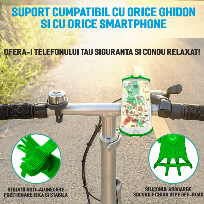 Suport telefon universal pentru bicicleta, din silicon, rotativ 360⁰, montaj pe ghidon, compatibil bicicleta, carut, trotineta, scuter, negru [11]