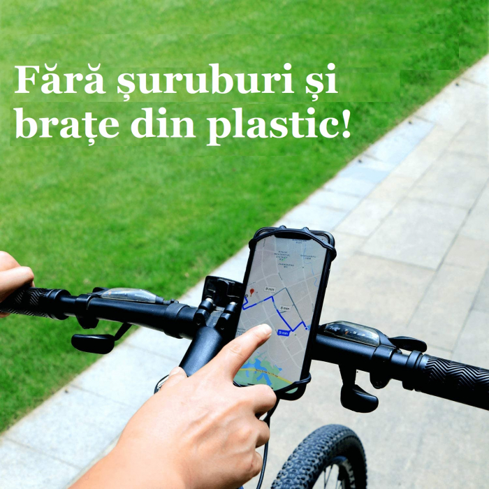 Suport telefon universal pentru bicicleta, din silicon, rotativ 360⁰, montaj pe ghidon, compatibil bicicleta, carut, trotineta, scuter, negru [7]
