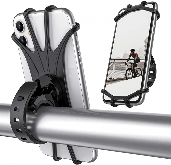 Suport telefon universal pentru bicicleta, din silicon, rotativ 360⁰, montaj pe ghidon, compatibil bicicleta, carut, trotineta, scuter, negru [14]