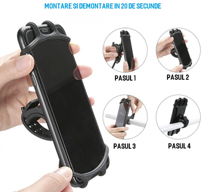 Suport telefon universal pentru bicicleta, din silicon, rotativ 360⁰, montaj pe ghidon, compatibil bicicleta, carut, trotineta, scuter, negru [7]