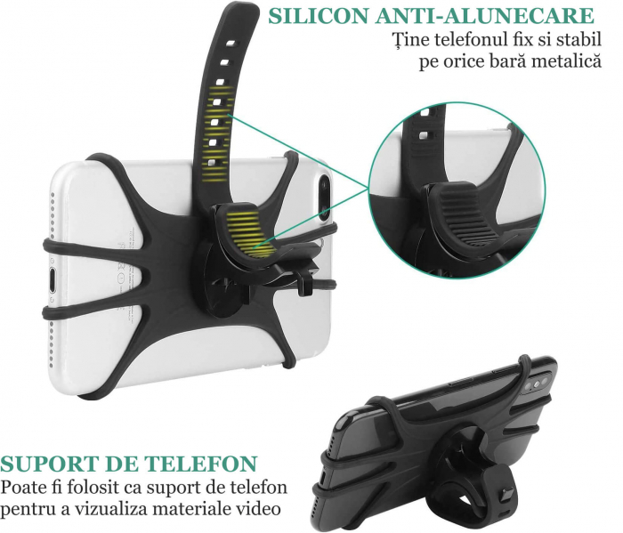 Suport telefon universal pentru bicicleta, din silicon, rotativ 360⁰, montaj pe ghidon, compatibil bicicleta, carut, trotineta, scuter, negru [5]
