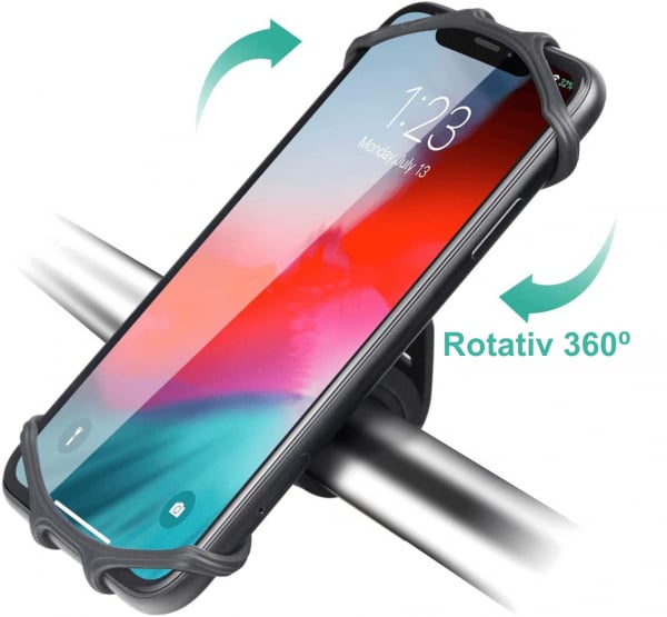 Suport telefon universal pentru bicicleta, din silicon, rotativ 360⁰, montaj pe ghidon, compatibil bicicleta, carut, trotineta, scuter, negru [3]