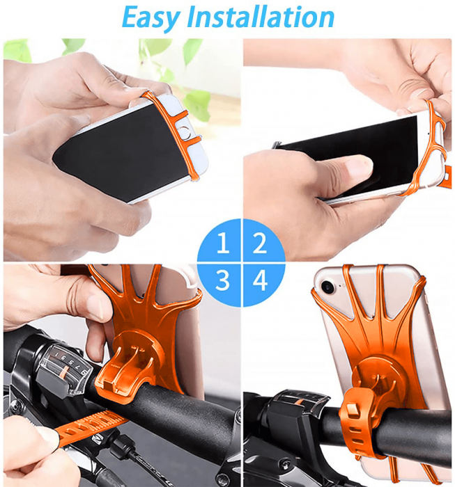Suport telefon universal pentru bicicleta, din silicon, rotativ 360⁰, montaj pe ghidon, compatibil bicicleta, carut, trotineta, scuter, negru [5]