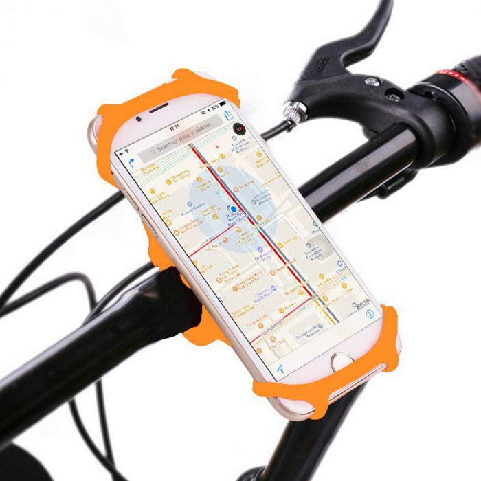 Suport telefon universal pentru bicicleta, din silicon, rotativ 360⁰, montaj pe ghidon, compatibil bicicleta, carut, trotineta, scuter, negru [2]