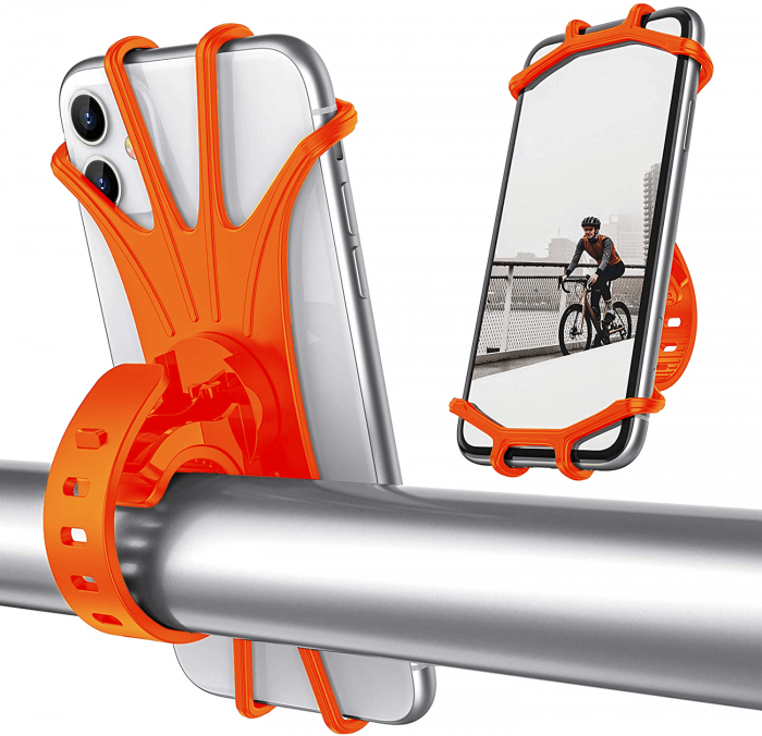 Suport telefon universal pentru bicicleta, din silicon, rotativ 360⁰, montaj pe ghidon, compatibil bicicleta, carut, trotineta, scuter, negru [7]