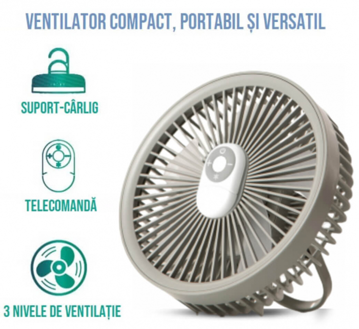 Ventilator cu carlig agatatoare/suport, portabil, telecomanda, reincarcabil USB, acumulatori 4000mAh, cu lampa LED incorporata [14]