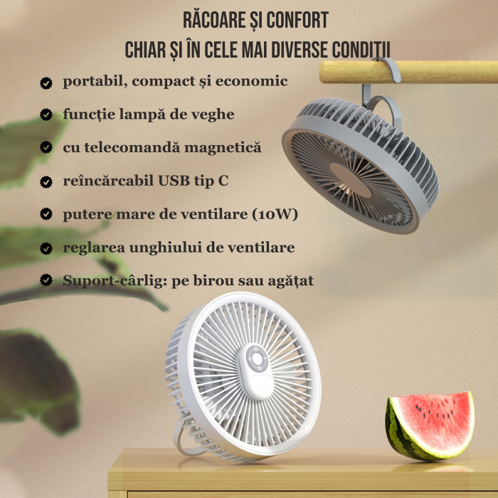 Ventilator cu carlig agatatoare/suport, portabil, telecomanda, reincarcabil USB, acumulatori 4000mAh, cu lampa LED incorporata [2]