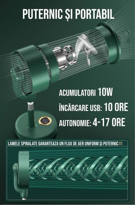 Ventilator cu picior reglabil pe inaltime, Ideas4Comfort, rotativ, portabil, telecomanda, reincarcabil USB, acumulatori 10000mAh, cu talpa rotunda, verde - RESIGILAT [11]