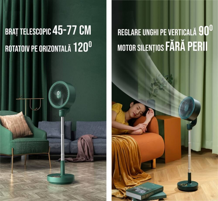 Ventilator cu picior reglabil pe inaltime, Ideas4Comfort, rotativ, portabil, telecomanda, reincarcabil USB, acumulatori 10000mAh, cu talpa rotunda, verde - RESIGILAT [5]