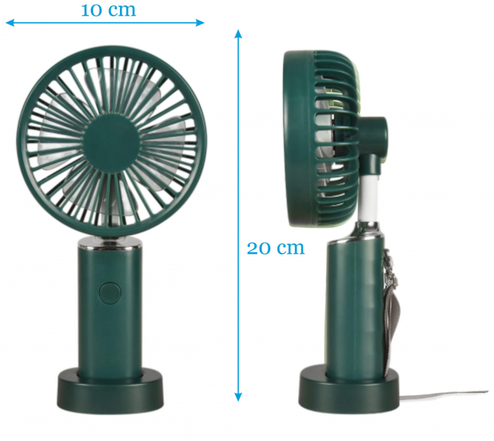 Ventilator de mana, portabil, 3 trepte ventilatie, incarcare USB, acumulator 1200 mAh, 2 W, verde [2]