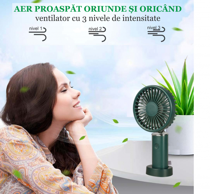 Ventilator de mana, portabil, 3 trepte ventilatie, incarcare USB, acumulator 1200 mAh, 2 W, Ideas4Comfort (3 culori) [7]