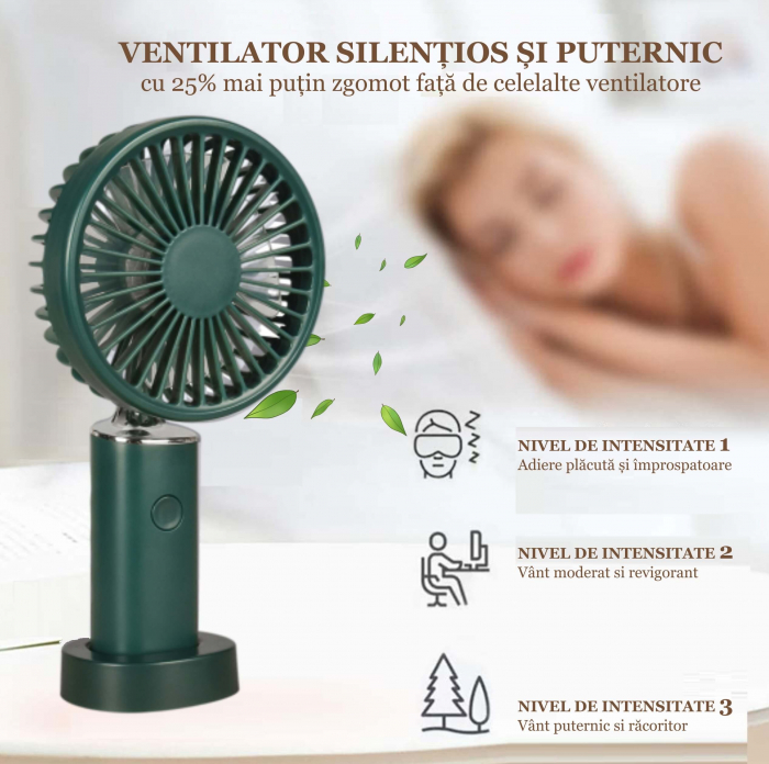 Ventilator de mana, portabil, 3 trepte ventilatie, incarcare USB, acumulator 1200 mAh, 2 W, Ideas4Comfort (3 culori) [5]