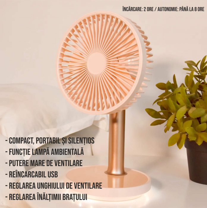 Ventilator portabil pentru birou, 5 W, acumulator 2000 mAh, brat extensibil, reincarcabil USB, alb [15]