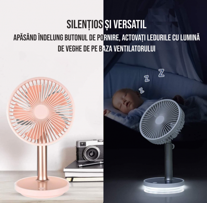 Ventilator portabil pentru birou, 5 W, acumulator 2000 mAh, brat extensibil, reincarcabil USB, alb [16]