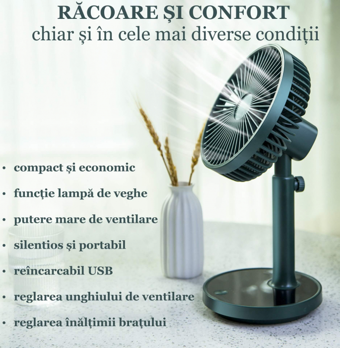 Ventilator portabil pentru birou, 5 W, acumulator 2000 mAh, brat extensibil, reincarcabil USB, alb [3]