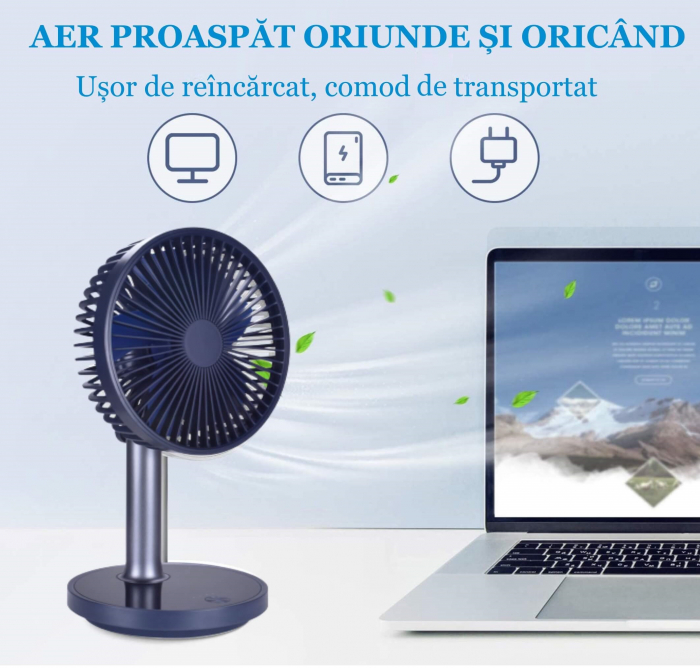 Ventilator portabil pentru birou, 5 W, acumulator 2000 mAh, brat extensibil, reincarcabil USB, alb [8]