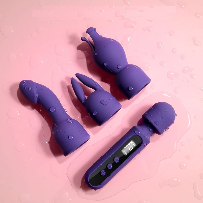 Vibrator cu ecran LED digital, 4 trepte intensitate, 10 moduri de vibratie, cu 3 adaptoare pentru clitoris, punctul G si mameloane, masca dantelata, panglica satinata de ochi, lenjerie din plasa [5]