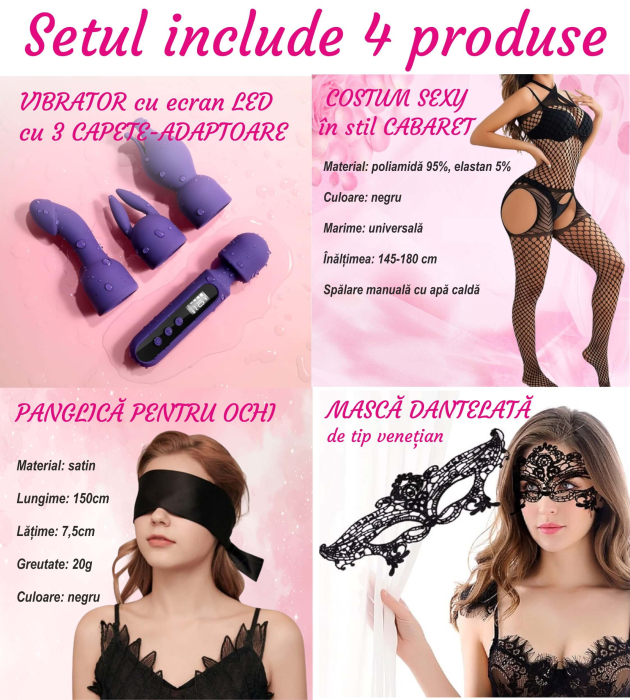 Vibrator cu ecran LED digital, 4 trepte intensitate, 10 moduri de vibratie, cu 3 adaptoare pentru clitoris, punctul G si mameloane, masca dantelata, panglica satinata de ochi, lenjerie din plasa [2]
