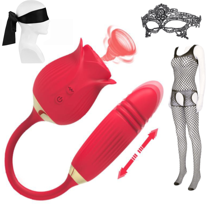Vibrator dublu pentru femei, trandafir cu suctie, stimulator clitoris, anus si punctul G, poratbil, 10 tipuri vibratii, jucarie sexuala, cupluri, rezistent la apa, masca dantelata, panglica satinata [1]