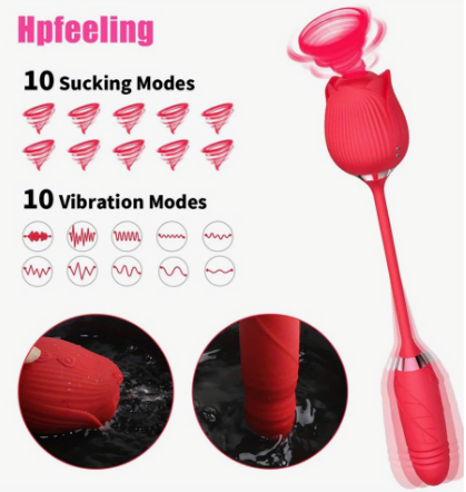 Vibrator dublu pentru femei, trandafir cu suctie, stimulator clitoris, anus si punctul G, poratbil, 10 tipuri vibratii, jucarie sexuala, cupluri, rezistent la apa, masca dantelata, panglica satinata [12]