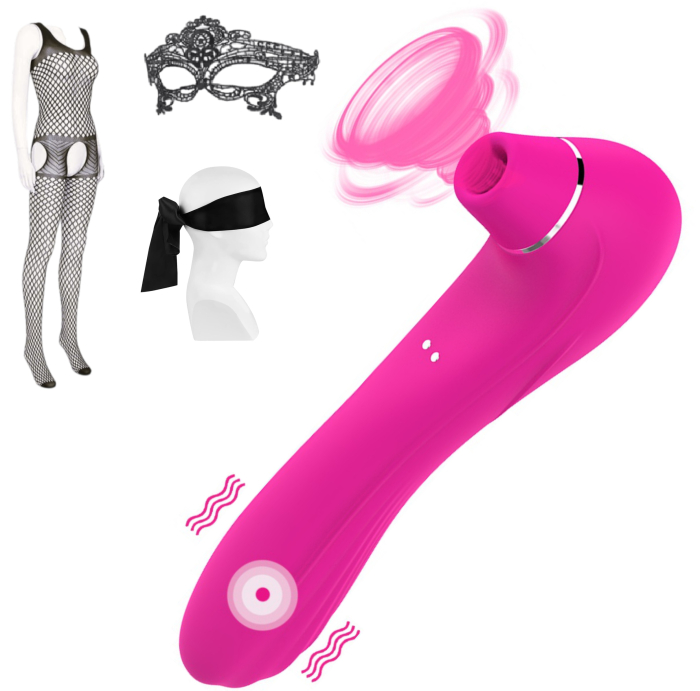 Vibrator pentru femei, 10 moduri de vibratie, jucarie sexuala cu functie dubla, stimulator clitoris, punct G, silicon medical, cu masca dantelata, panglica satinata de ochi, lenjerie din plasa elastic [1]