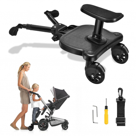 Adaptoare carucior - Adaptor de carucior pentru al doilea copil, remorca carucior, platforma buggy board cu scaun demontabil, 2 roti, capacitate 25 kg, universal, negru