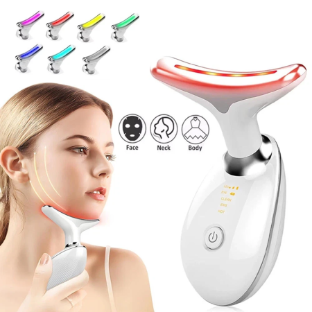 Ingrijire personala - Aparat facial multifunctional 7 in 1 pentru reducerea ridurilor, hidratare, lifting, simulare microciculatie, ingrijire fata/gat, terapie cu lumina LED 7 culori, EMS, incalzire, USB, portabil