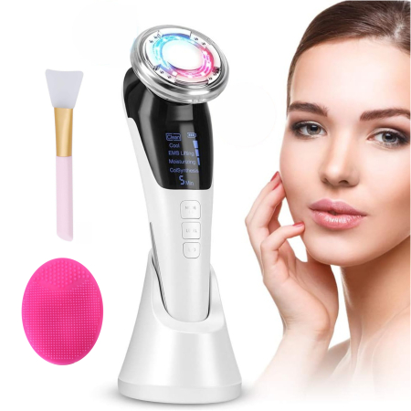 Ingrijire personala - Aparat pentru tratament facial 5 in 1 cu vibratii EMS, functie hot & cool, lifting, anti rid, cearcane, anti-aging, dispozitiv profesional ingrijire ten, USB, portabil