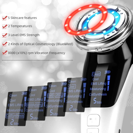 Aparat pentru tratament facial 5 in 1 cu vibratii EMS, functie hot & cool, lifting, anti rid, cearcane, anti-aging, dispozitiv profesional ingrijire ten, USB, portabil [1]