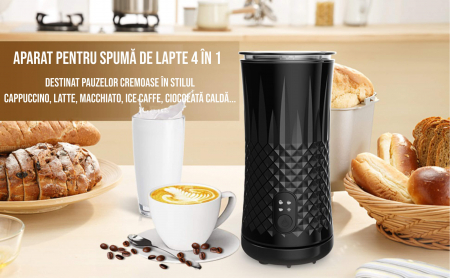 Aparat spuma lapte 4 in 1 pentru cafea tip Milk Frother, 240 ml, 400W, spuma calda/rece latte, cappuccino, macchiato, frappe, burete, 2 teluri spumare, perie, spatula silicon, 2 pahare termice incluse [5]