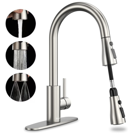 Accesorii bucatarie - Baterie chiuveta pentru bucatarie, rotativ 360°, robinet de apa cu cap de dus extractabil, 3 functii cascada/jet/pulverizare, otel inoxidanil, monocomanda, argintiu