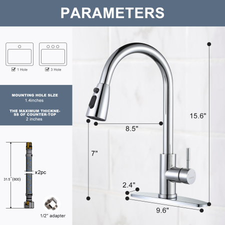 Baterie chiuveta pentru bucatarie, rotativ 360°, robinet de apa cu cap de dus extractabil, 3 functii cascada/jet/pulverizare, otel inoxidanil, monocomanda, argintiu [2]