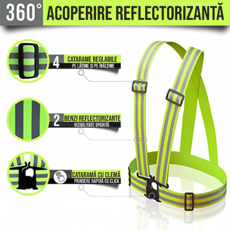 Bretele reflectorizante elastice cu benzi de semnalizare, ajustabila, marime universala, unisex, pentru ciclism sau sporturi nocturne, Ideas4Comfort, verde [3]