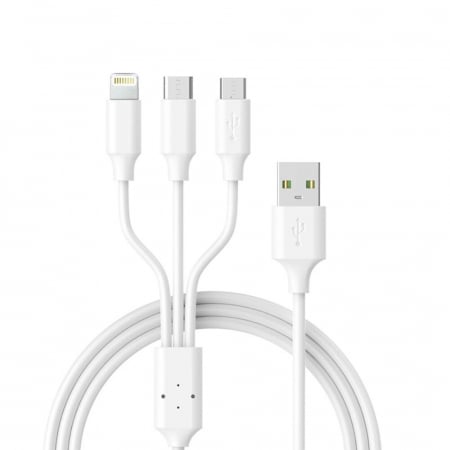 Accesorii auto - Cablu USB 3 in 1 pentru date si incarcare rapida, Type-C, Lighting, Micro-USB, 100 cm, compatibil iPhone, Samsung, Huawei, alb