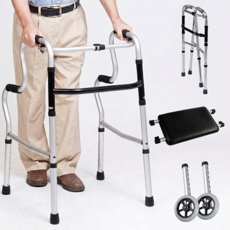 Scaune de WC - Cadru de mers 4 in 1 pliabil, cu sezut si cu roti detasabile incluse, 4 moduri de utilizare, fix / mergator / rulant / sezut, reglabil pe inaltime, suport ridicare, multifunctional