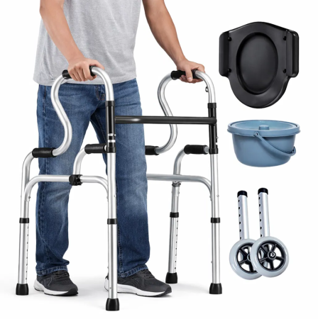 Scaune de WC - Cadru de mers 5 in 1 pliabil, include sezut wc, roti detasabile, vas colectare, multifunctional, 5 moduri de utilizare fix / mergator / rulant / sezut / wc, reglabil pe inaltime, cadru ortopedic cu wc