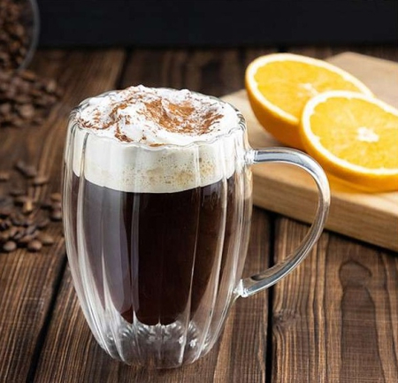 Pahar perete dublu cu maner 250 ml, cu striatii, din sticla borosilicata premium termorezistenta, design modern, cana transparent cafea, cappuccino, ceai, suport de pluta inclus, transparent [10]