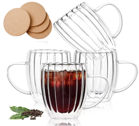 Lichidare de stoc - Pahar perete dublu cu maner 250 ml, cu striatii, din sticla borosilicata premium termorezistenta, design modern, cana transparent cafea, cappuccino, ceai, suport de pluta inclus, transparent