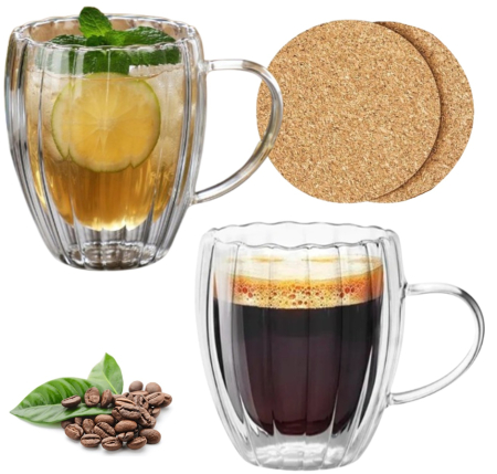Lichidare de stoc - Pahar perete dublu cu maner 250 ml, cu striatii, din sticla borosilicata premium termorezistenta, design modern, cana transparent cafea, cappuccino, ceai, suport de pluta inclus, transparent