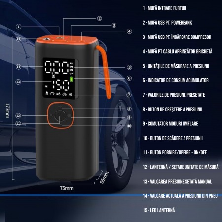 Compresor auto portabil cu lampa camping, baterie 6000 mAh, cu afisaj digital, adaptoare umflare, cablu USB, cablu bricheta, negru [1]