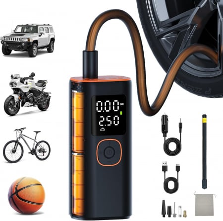 Accesorii auto - Compresor auto portabil cu lampa camping, baterie 6000 mAh, cu afisaj digital, adaptoare umflare, cablu USB, cablu bricheta, negru