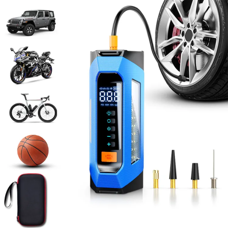 Accesorii auto - Compresor de aer cu redresor auto smart portabil, afisaj digital, cu lampa camping, baterie reincarcabila 10000 mAh, geanta depozitare, albastru