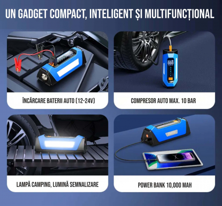 Compresor de aer cu redresor auto smart portabil, afisaj digital, cu lampa camping, baterie reincarcabila 10000 mAh, geanta depozitare, albastru [8]
