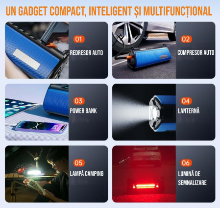 Compresor de aer cu redresor auto smart portabil, afisaj digital, cu lampa camping, baterie reincarcabila 10000 mAh, geanta depozitare, albastru [7]