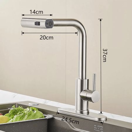 Baterie chiuveta pentru bucatarie, rotativa 360°, robinet de apa cu cap de dus extractabil, 3 functii cascada/jet/pulverizare, otel inoxidanil, monocomanda, argintiu mat [1]