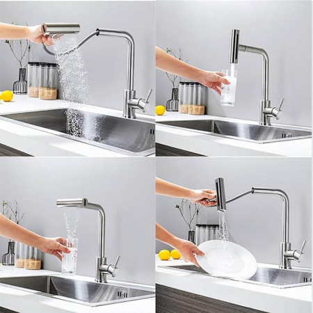 Baterie chiuveta pentru bucatarie, rotativa 360°, robinet de apa cu cap de dus extractabil, 3 functii cascada/jet/pulverizare, otel inoxidanil, monocomanda, argintiu mat [3]