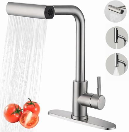 Accesorii bucatarie - Baterie chiuveta pentru bucatarie, rotativa 360°, robinet de apa cu cap de dus extractabil, 3 functii cascada/jet/pulverizare, otel inoxidanil, monocomanda, argintiu mat